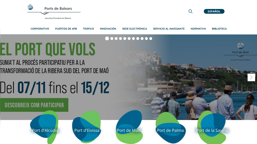 Ports de Balears website promoting participation in the transformation of the south shore of Port de Maó from 07/11 to 15/12