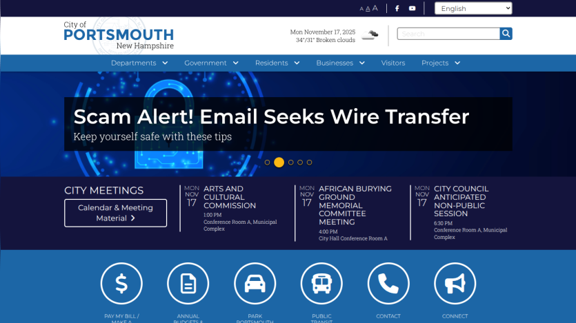 City of Portsmouth New Hampshire website with scam alert and city meetings info