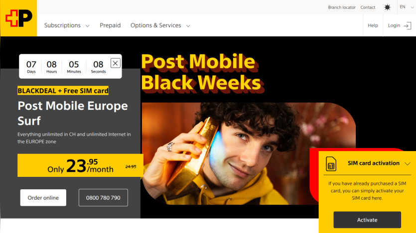 Post Mobile Black Weeks promotion with discounted Europe Surf plan, countdown timer, and SIM card activation option