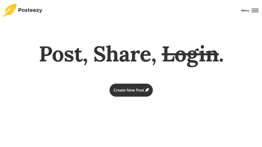 Homepage with options to post, share, or log in, featuring a call-to-action button.