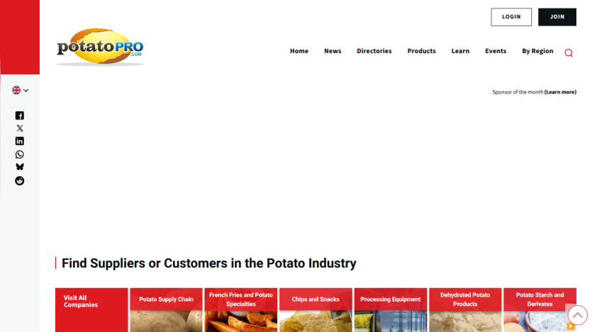 PotatoPro homepage with navigation, login/join buttons, and categories to find suppliers or customers in the potato industry