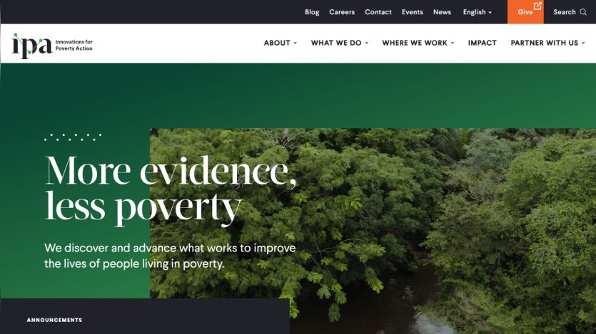 Homepage of IPA with a green background and text about evidence and poverty reduction.
