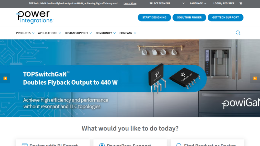 Power Integrations homepage featuring TOPSwitchGaN product announcement and navigation options.