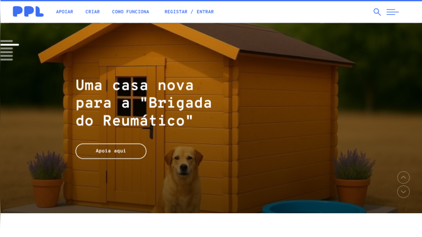 Homepage with a dog in front of a wooden doghouse and text inviting support for 'Brigada do Reumático'