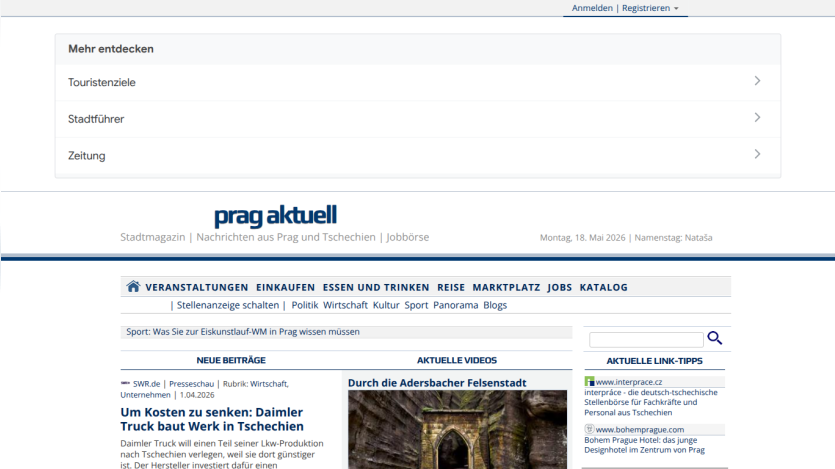 Homepage of Prag Aktuell featuring news categories and a highlighted article.
