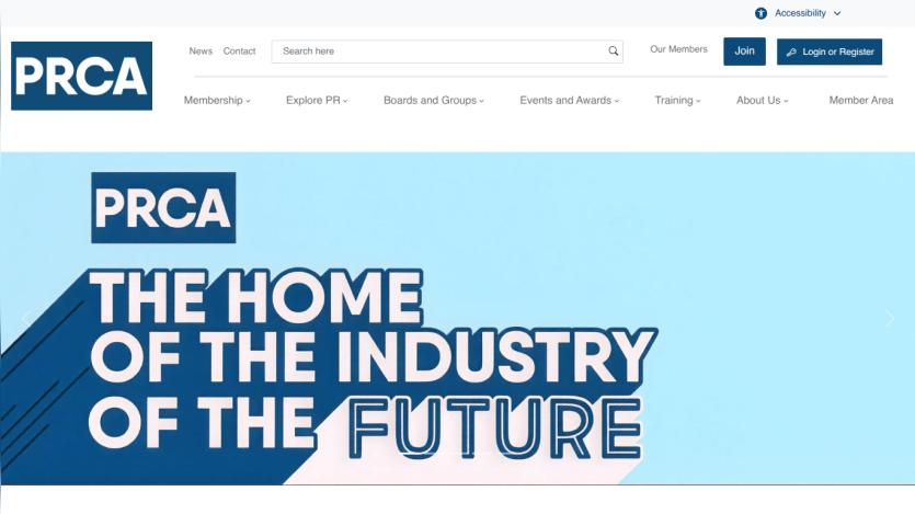 PRCA website header featuring the slogan 'THE HOME OF THE INDUSTRY OF THE FUTURE'.