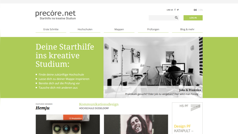 Homepage featuring creative study guidance with a prominent headline and navigation options.