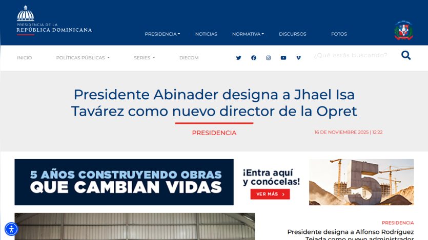 News headline about President Abinader appointing Jhael Isa Tavárez as new director of Opret with related construction project banner