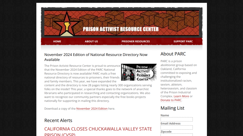 Prison Activist Resource Center homepage with November 2024 resource directory announcement, recent alerts, and about section