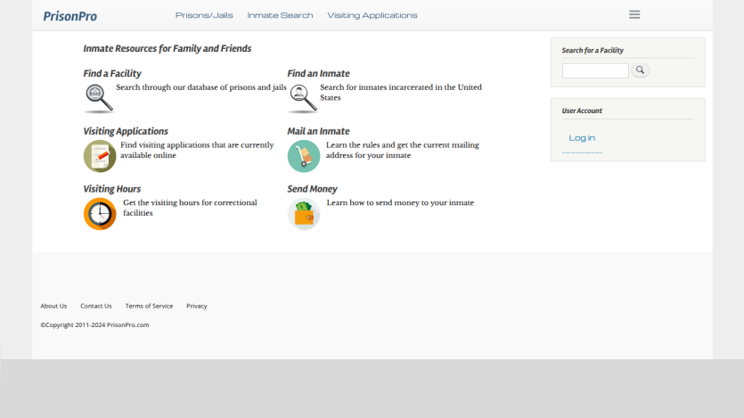 PrisonPro homepage offering inmate resources including finding facilities, inmates, visiting applications, mailing, and sending money