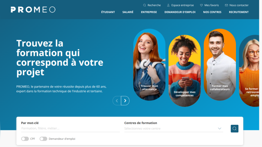 Homepage of PROMEO offering training programs with options to find alternance, develop skills, train employees, and more