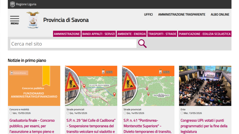Homepage of Provincia di Savona with news highlights and search bar.