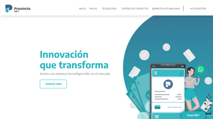 Homepage of a tech company featuring a headline about innovation and a smartphone illustration with a chat button