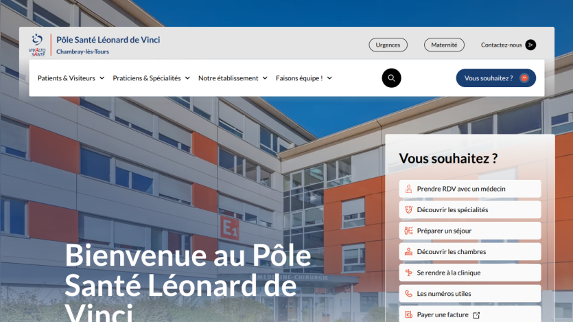 Welcome message and service options for Pôle Santé Léonard de Vinci.