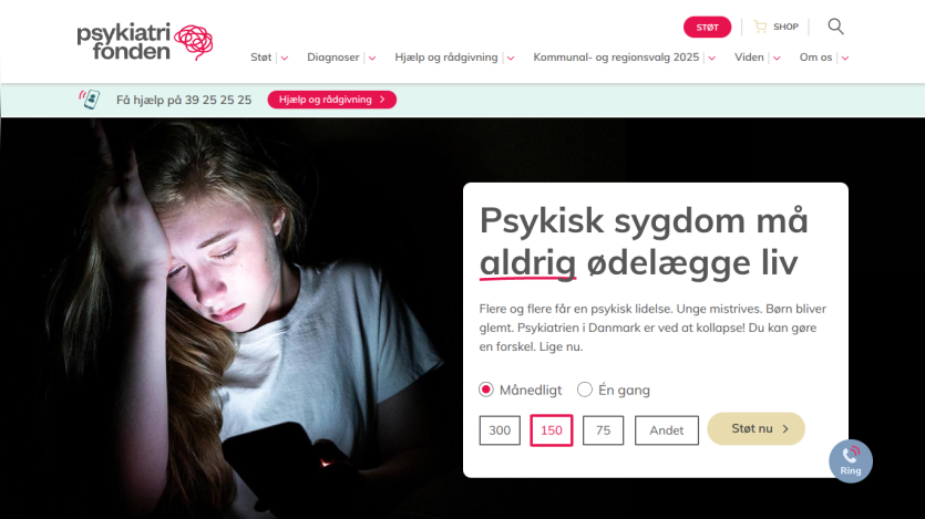 Charitable website advocating mental health support with donation options and a young woman looking distressed
