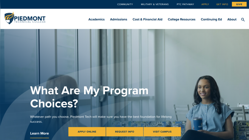 Piedmont Technical College homepage with program choices headline and options to apply, request info, or visit campus