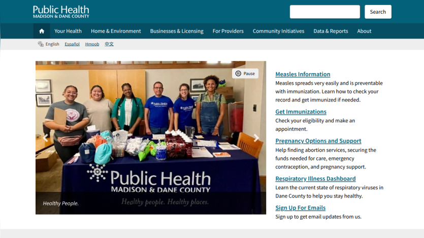 Public Health Madison & Dane County homepage with navigation and links to measles info, immunizations, pregnancy support, respiratory illness dashboard, and email sign-up