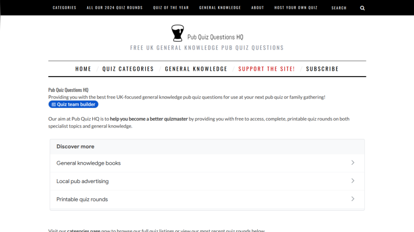 Homepage of Pub Quiz Questions HQ with categories and support options visible.