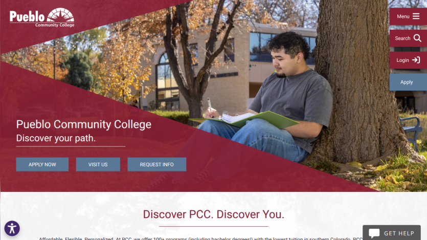 Pueblo Community College homepage with a student studying outdoors and options to apply, visit, or request info