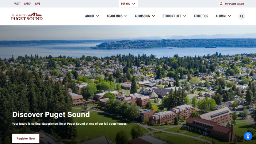 Homepage of Puget Sound featuring a scenic view and the text 'Discover Puget Sound'.