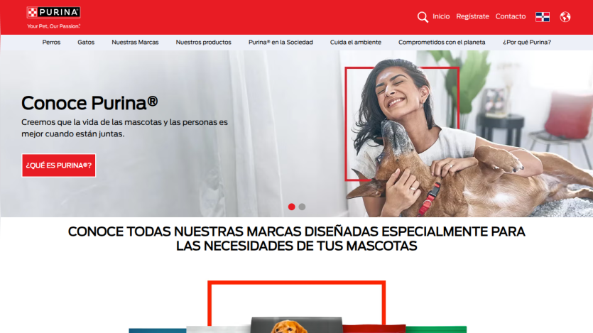 Purina website top section showing navigation, a girl with a cat, and text about Purina's actions to improve pet quality of life