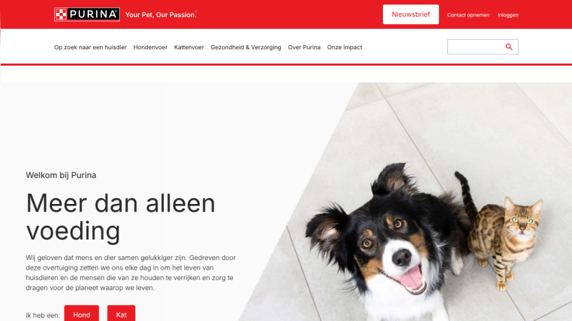 Purina homepage with navigation and hero section featuring a happy dog and cat, promoting pet nutrition and care