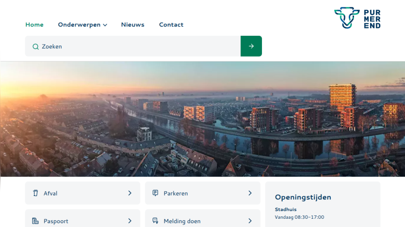 Municipal website homepage with navigation menu, search bar, sunrise cityscape hero image, and service links for waste, parking, passport, and reporting.