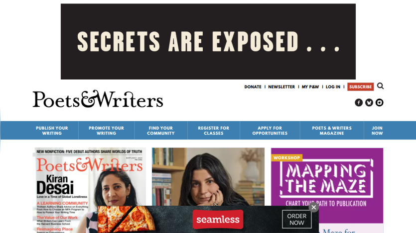 Homepage of Poets & Writers featuring a headline and magazine covers.