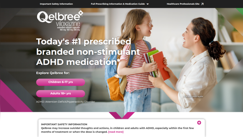 Qelbree ADHD medication homepage with headline, child and mother image, and call-to-action buttons