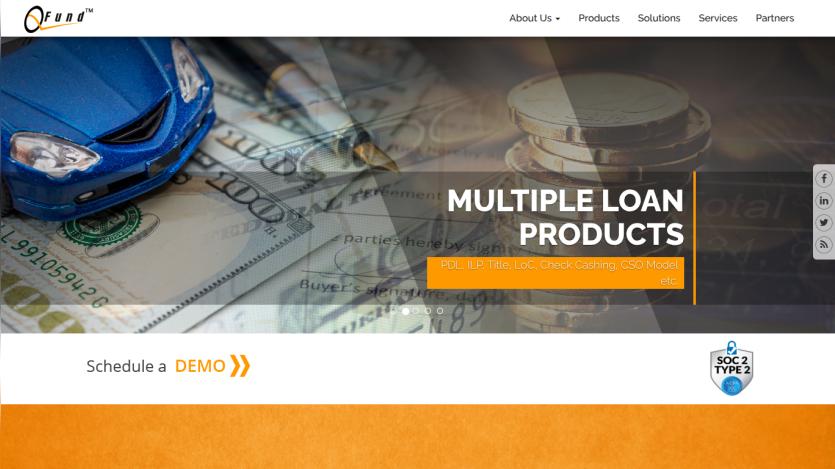 Website offering multiple loan products including PDL, ILP, Title, LoC, Check Cashing, and CSO Model with a demo scheduling option