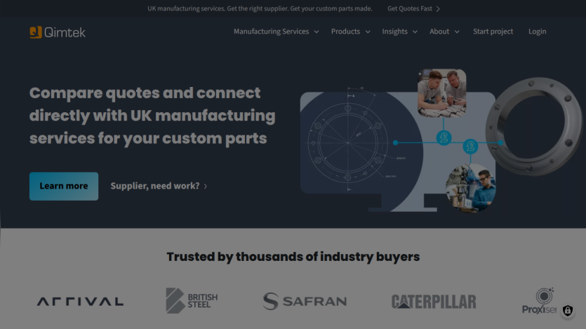 Compare quotes for UK manufacturing services with a call to action and logos of trusted buyers.