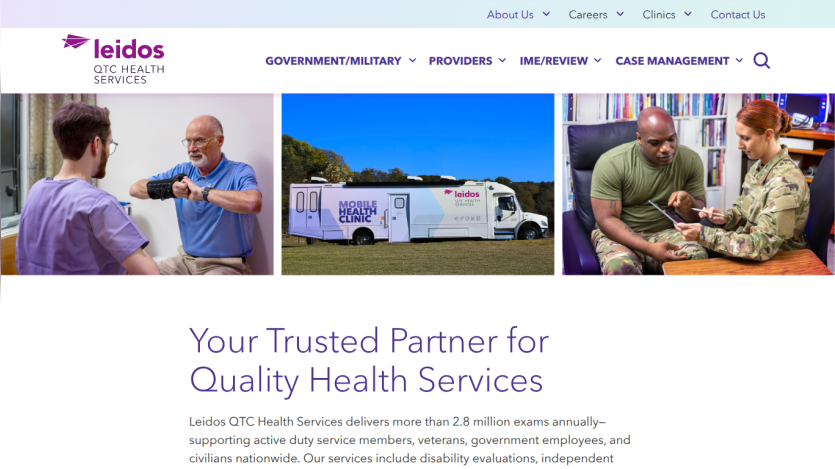 Leidos QTC Health Services homepage featuring healthcare professionals and a service vehicle.