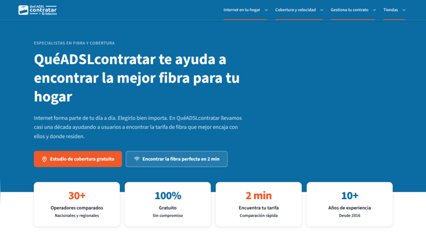 Website offering assistance in finding the best fiber internet for homes, featuring key statistics and a call to action.