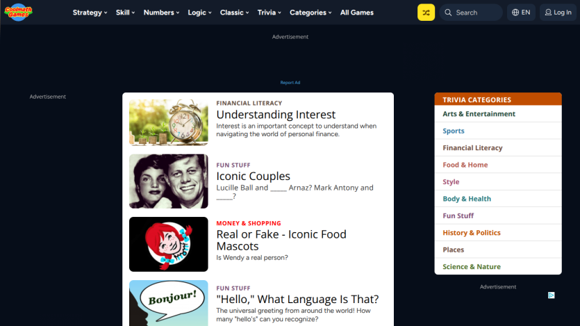 Homepage featuring trivia articles on various topics with images and titles.