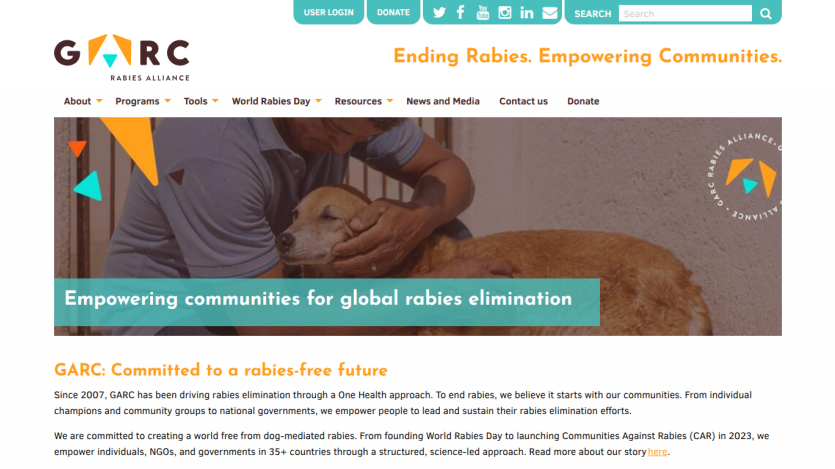 GARC Rabies Alliance homepage promoting global rabies elimination with navigation and call to action