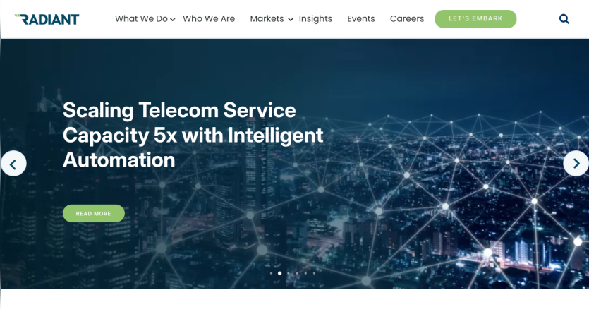 Telecom service scaling with intelligent automation, navigation menu, and call to action button