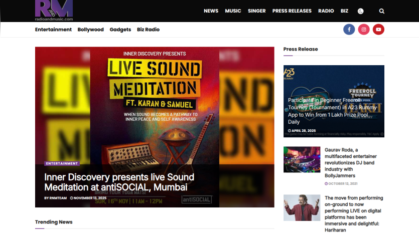 Radio and Music website featuring live Sound Meditation event at antiSOCIAL Mumbai and recent press releases