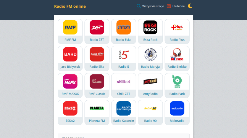 Grid of radio station icons for online listening options.