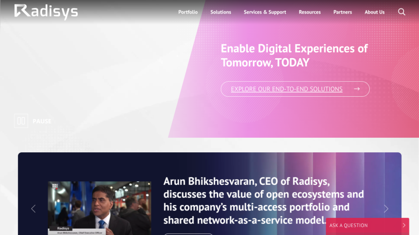 Radisys homepage with navigation menu, headline about enabling digital experiences, and CEO video discussion