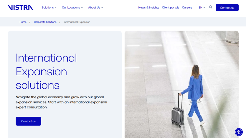 VISTRA's international expansion solutions with a professional woman and suitcase.