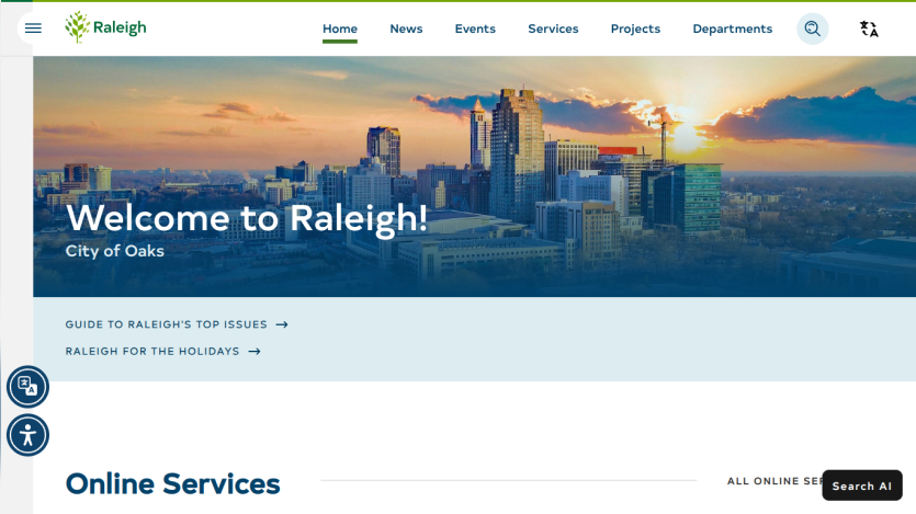 City of Raleigh homepage featuring a welcome message and skyline image.