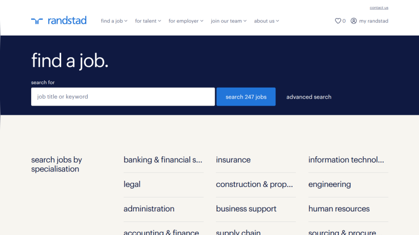 Randstad job search homepage with search bar and job specialisation categories