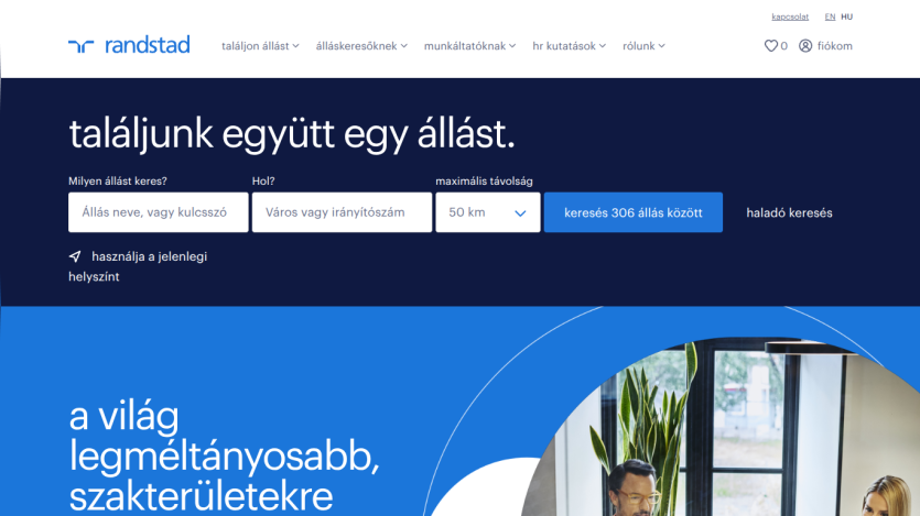 Randstad job search homepage with search fields for job title, location, and distance, and a hero image with people and plants