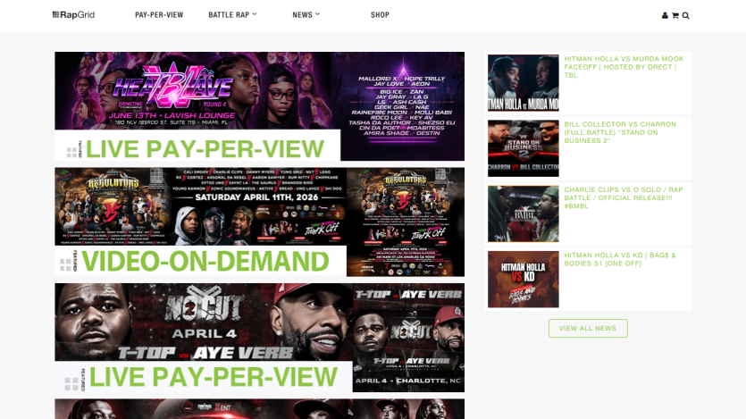Homepage featuring live pay-per-view and video-on-demand options with promotional images.
