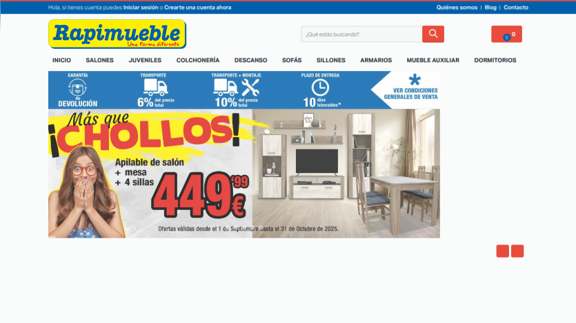 Homepage of Rapimueble showcasing furniture deals and promotions.