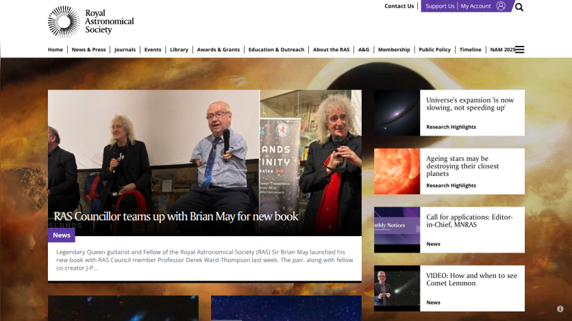 Royal Astronomical Society homepage featuring research highlights on superheated star factory and universe expansion
