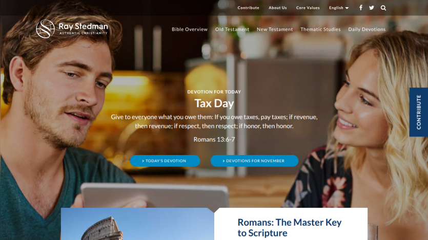 Website hero section promoting tax day guidance with a biblical quote and navigation menu at top
