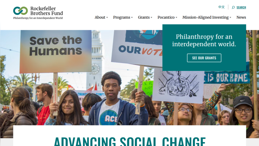 Rockefeller Brothers Fund website with navigation and hero section promoting philanthropy for an interdependent world and social change