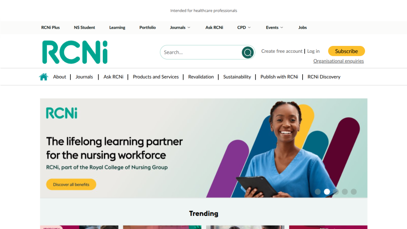 RCNi website showcasing lifelong learning for the nursing workforce with trending topics.