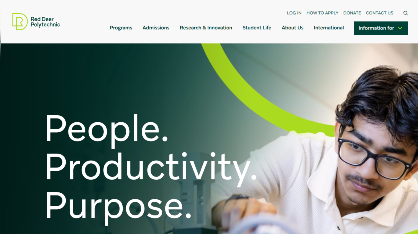 Red Deer Polytechnic homepage with navigation menu and hero text 'People. Productivity. Purpose.' alongside a student working.